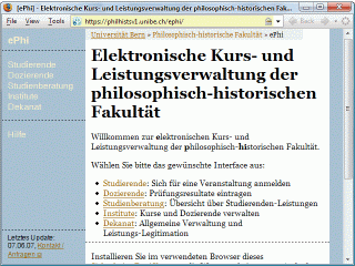 The homepage of the electronic course and grade management system of the Faculty of Arts at the University of Berne