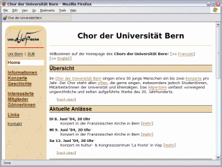 The former homepage of the Choir of the University of Berne